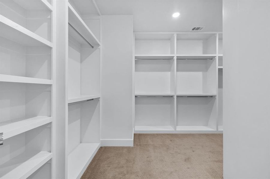 Spacious closet with light colored carpet