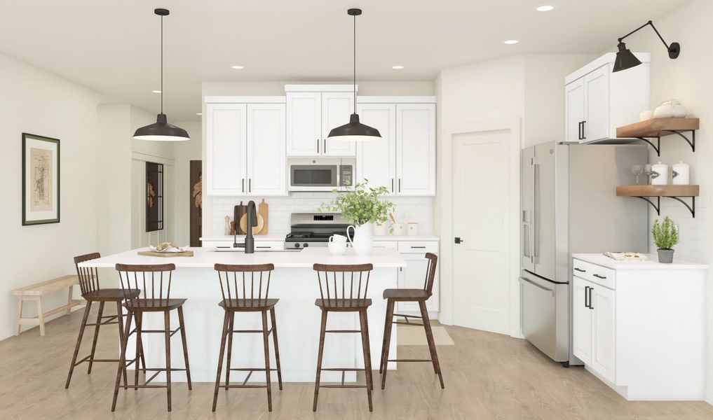 Beautiful kitchen with pendant lighting & quartz countertop