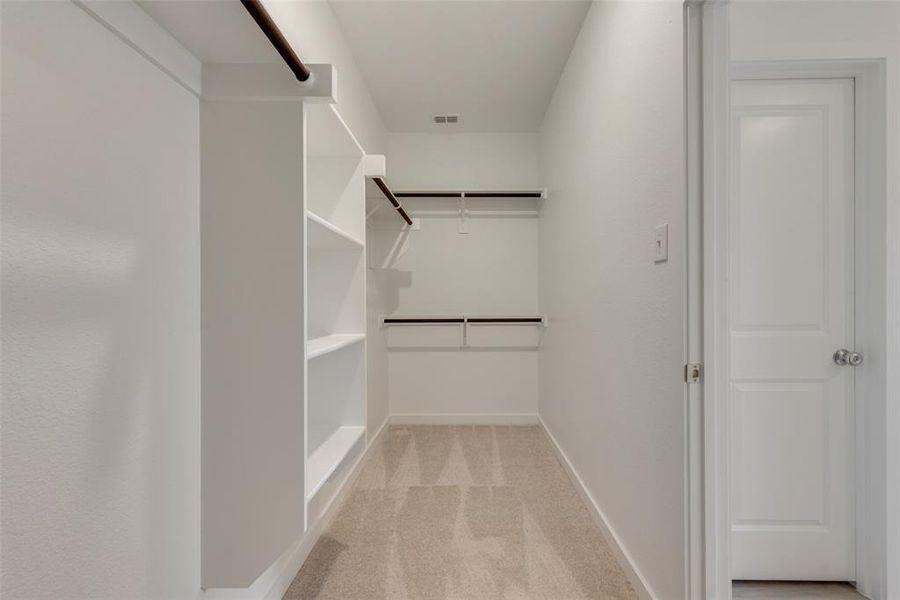 Walk in closet with light colored carpet