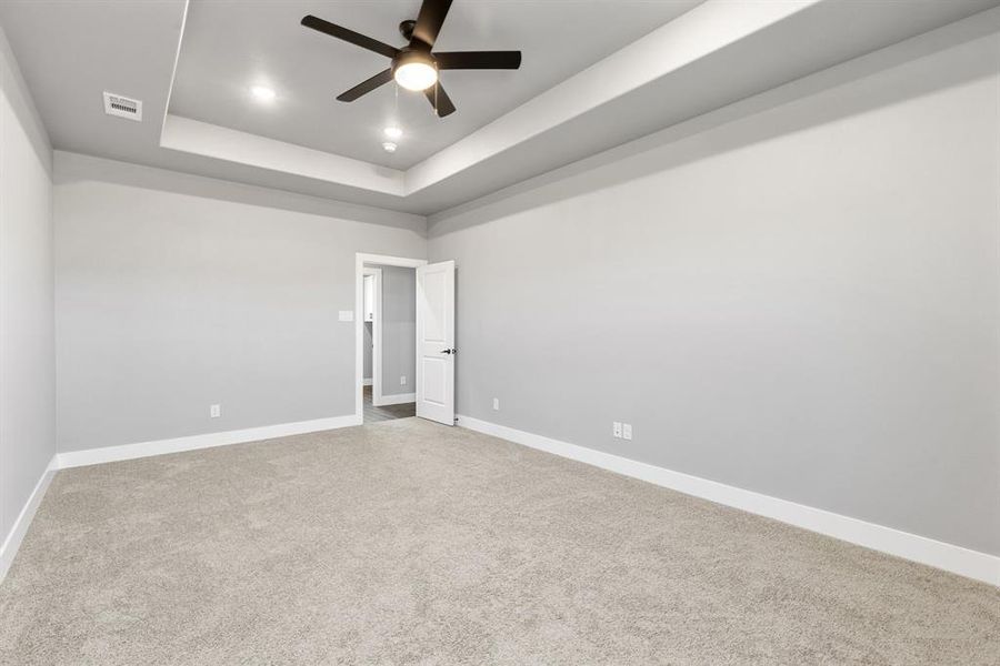 Spare room with carpet, ceiling fan, and a raised ceiling