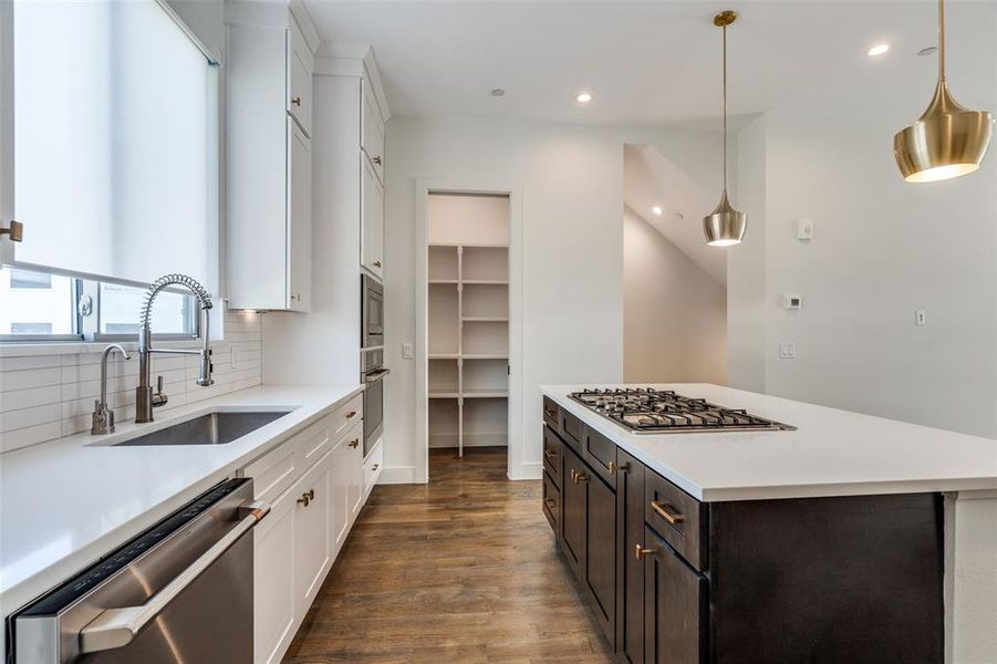 Kitchen featuring floor to ceiling white cabinets, quartz counter tops, SS Appliances,  modern lightening, walk in pantry