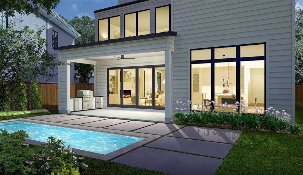 Rear Elevation of the Home with an Outdoor Kitchen.  There is room for a Pool.  Pool shown in the rendering is not included with the price of the home.