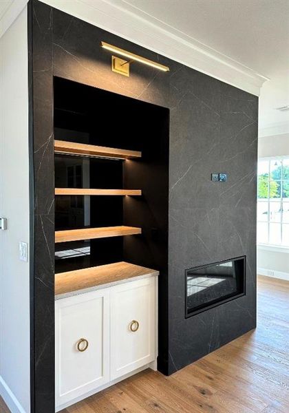 Living Room Fireplace and Bookshelf