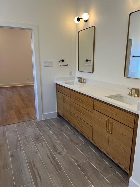 Bathroom featuring wood-type flooring and vanity