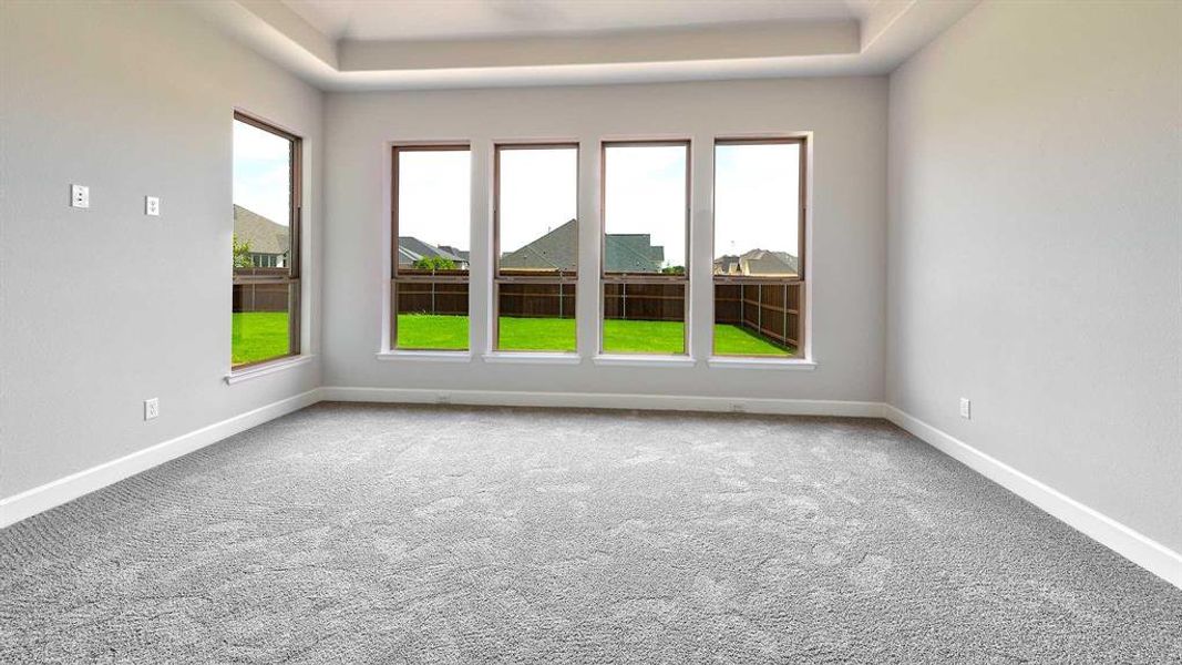 Carpeted empty room featuring a raised ceiling