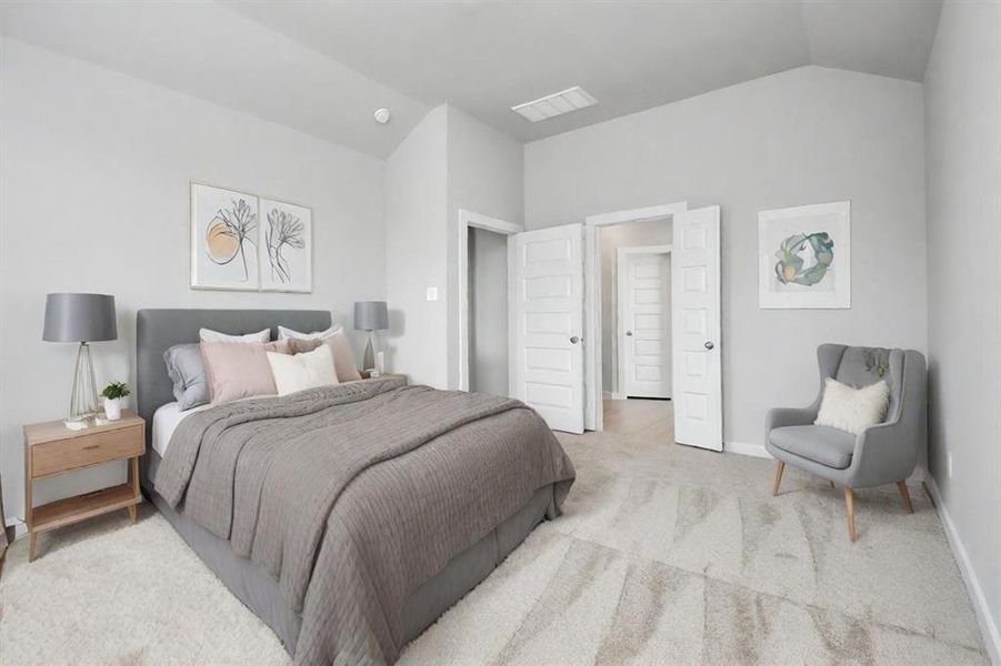 Come decompress in the stunning primary suite after a lengthy day! Experience the luxury of plush carpeting, warm paint hues, high ceilings, and large windows. Sample photo of completed home with similar floor plan. Actual colors and selections may vary.