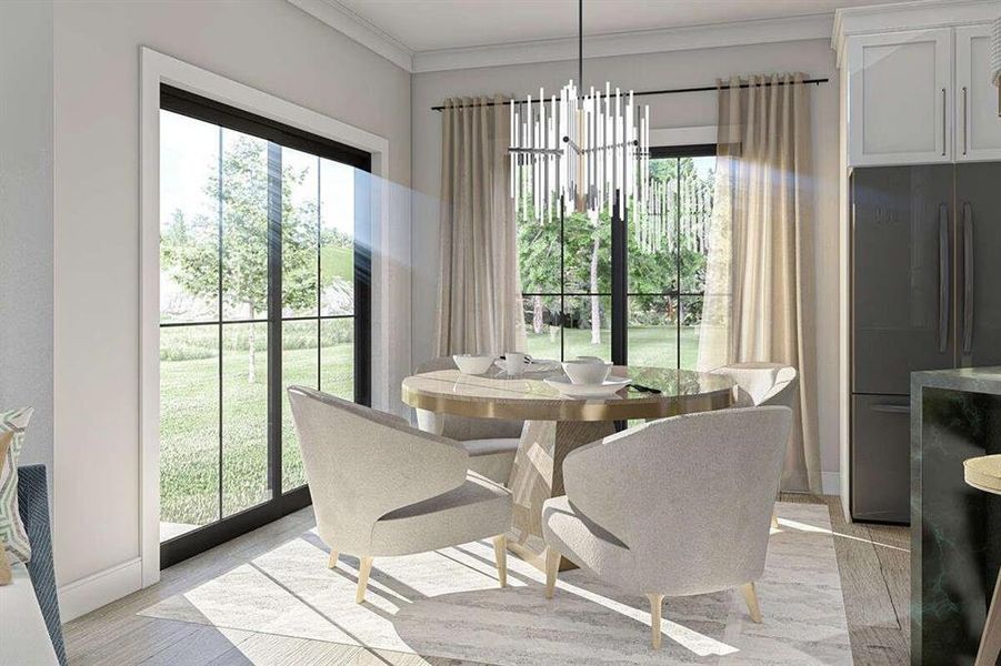 Dining space with an inviting chandelier and ornamental molding