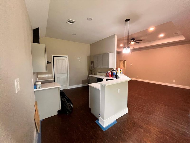 Kitchen featuring sink, dark hardwood / wood-style floors, kitchen peninsula, ceiling fan, and pendant lighting