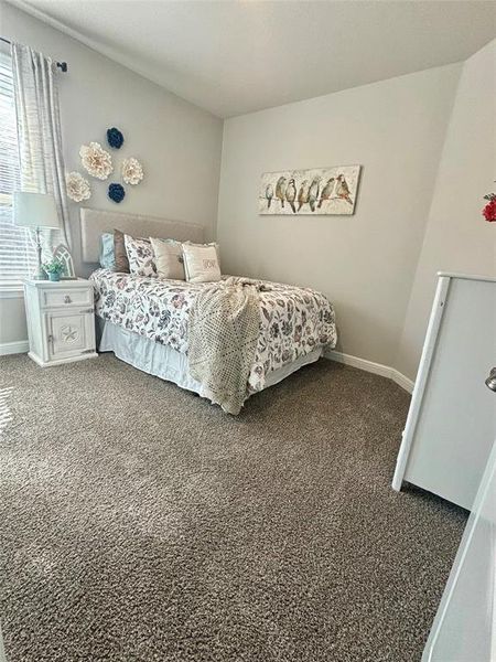 Bedroom with dark carpet