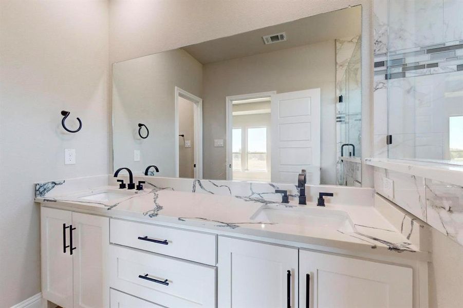 Bathroom with a shower with shower door and vanity