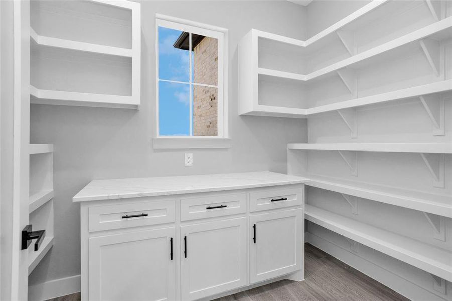 Very functional for storage, the pantry has shelving, counter and cabinets; plus a window for natural light.