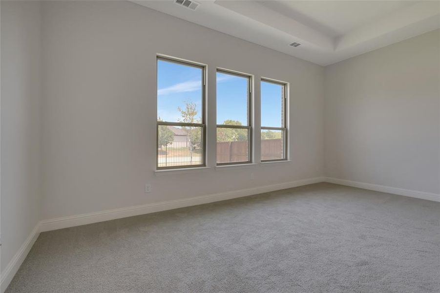 Carpeted empty room with a raised ceiling