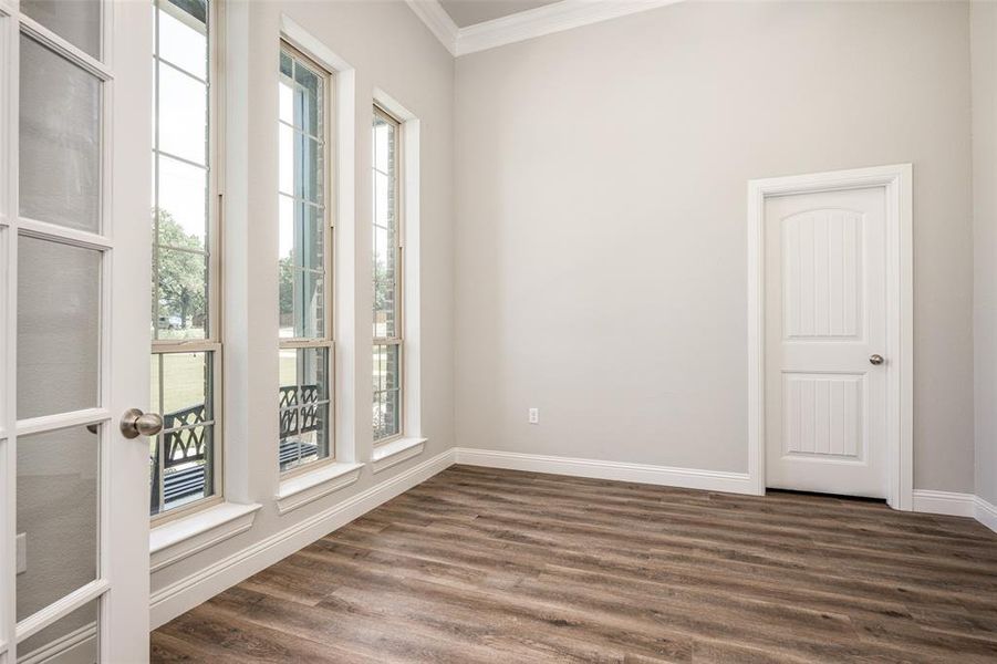 Spare room with ornamental molding and dark hardwood / wood-style floors