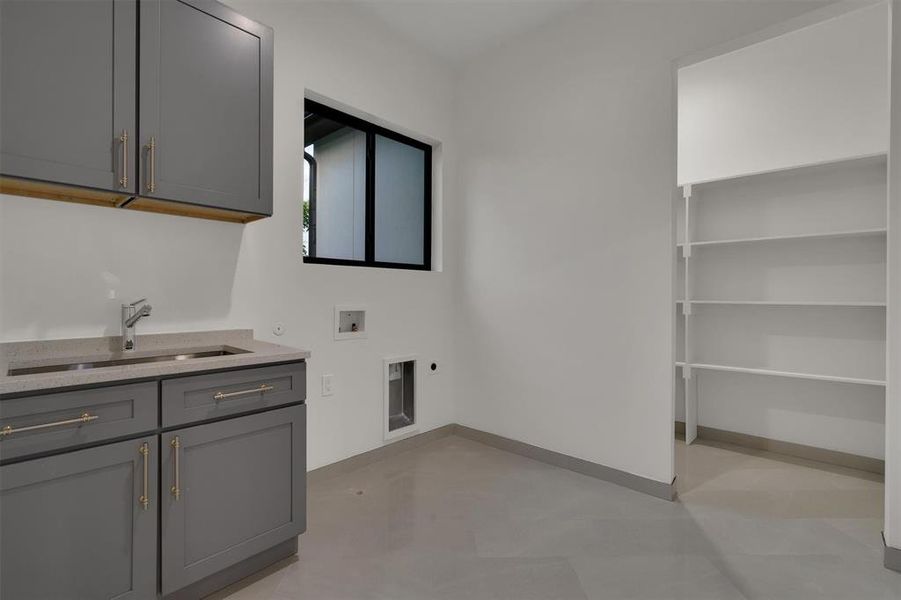 Laundry room with cabinets, electric dryer hookup, hookup for a washing machine, and sink