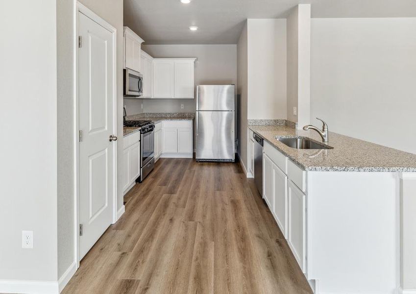 Upgraded kitchen with stainless appliances and wood-style flooring.
