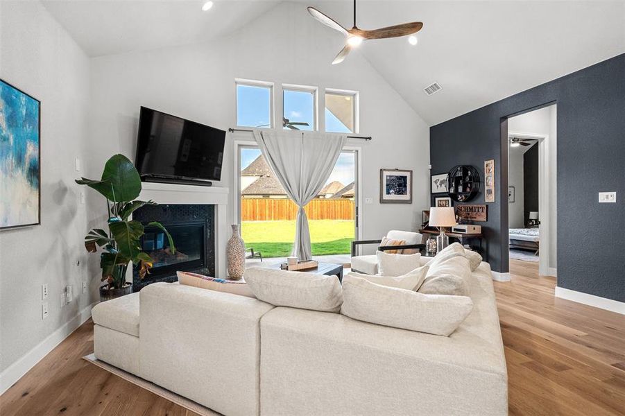 Living room with a premium fireplace, a wealth of natural light, and light wood-type flooring