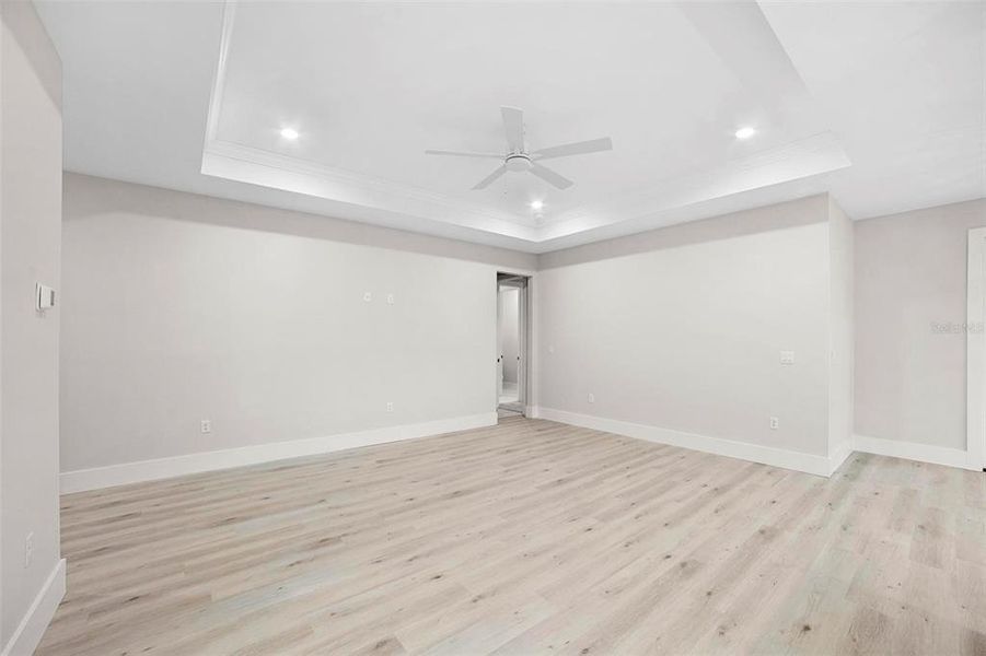 Living Room with Tray Ceilings and Crown Molding