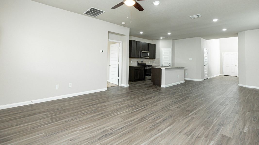 Family Room to Dining Area and Kitchen