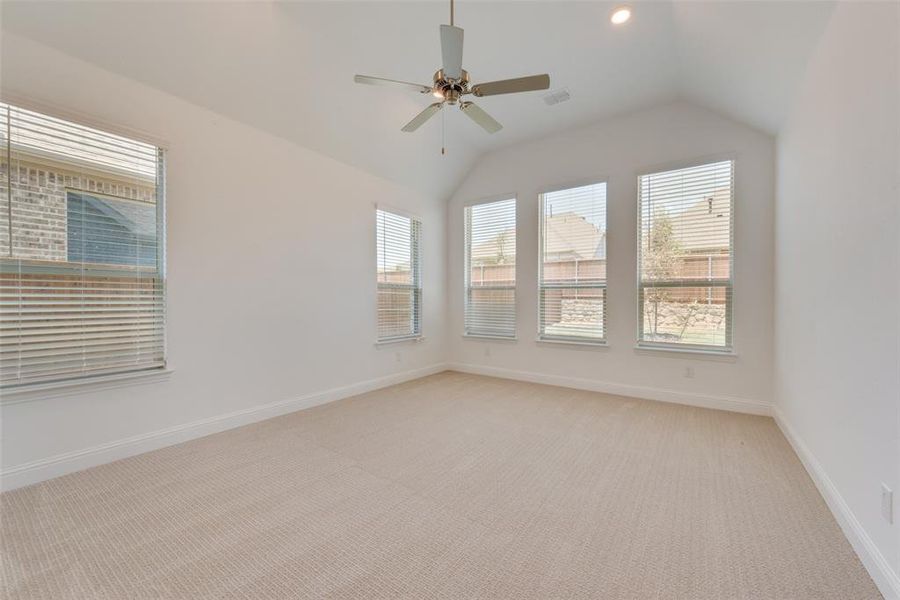 Empty room featuring lofted ceiling, carpet flooring, and ceiling fan