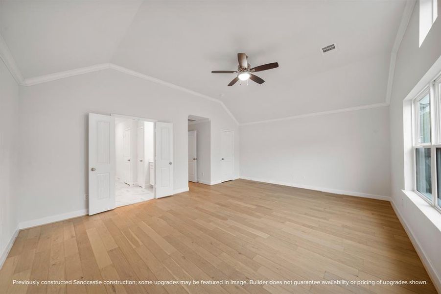 With standard ceiling fan and available wood floors, this primary bedroom offers both comfort and elegance.