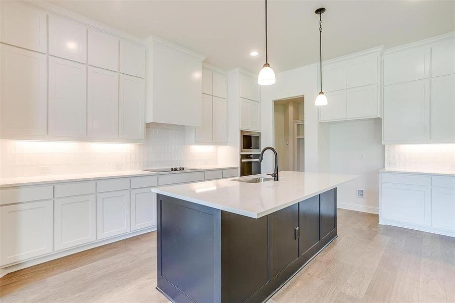 Kitchen with white cabinetry, light hardwood / wood-style flooring, tasteful backsplash, and sink