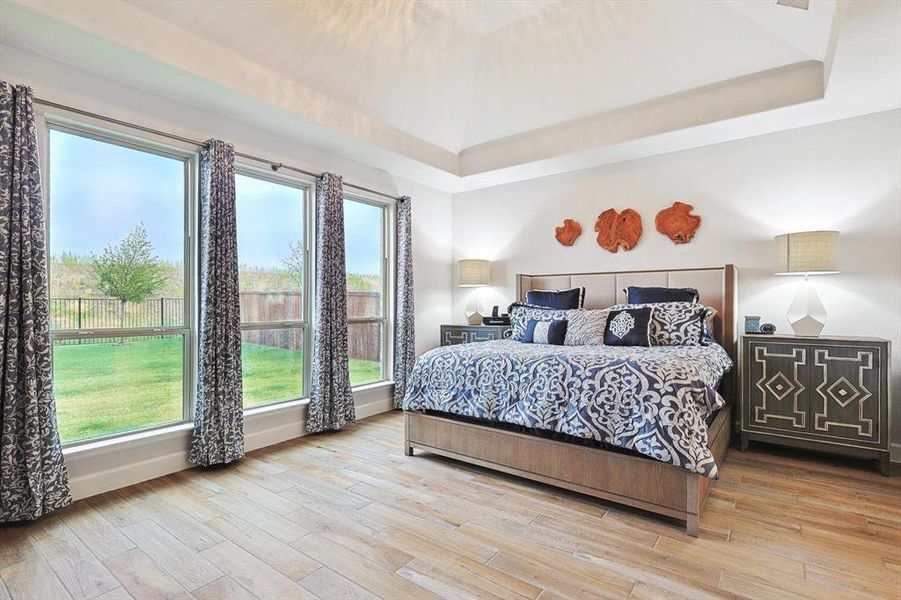 Bedroom with a tray ceiling and hardwood / wood-style flooring