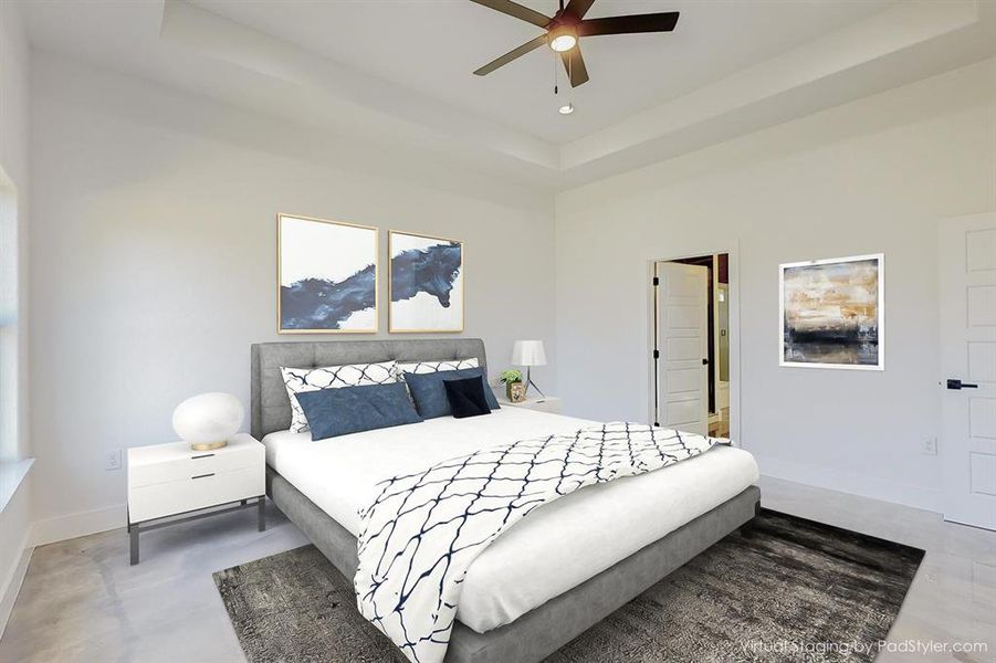 Bedroom featuring ceiling fan and a tray ceiling
