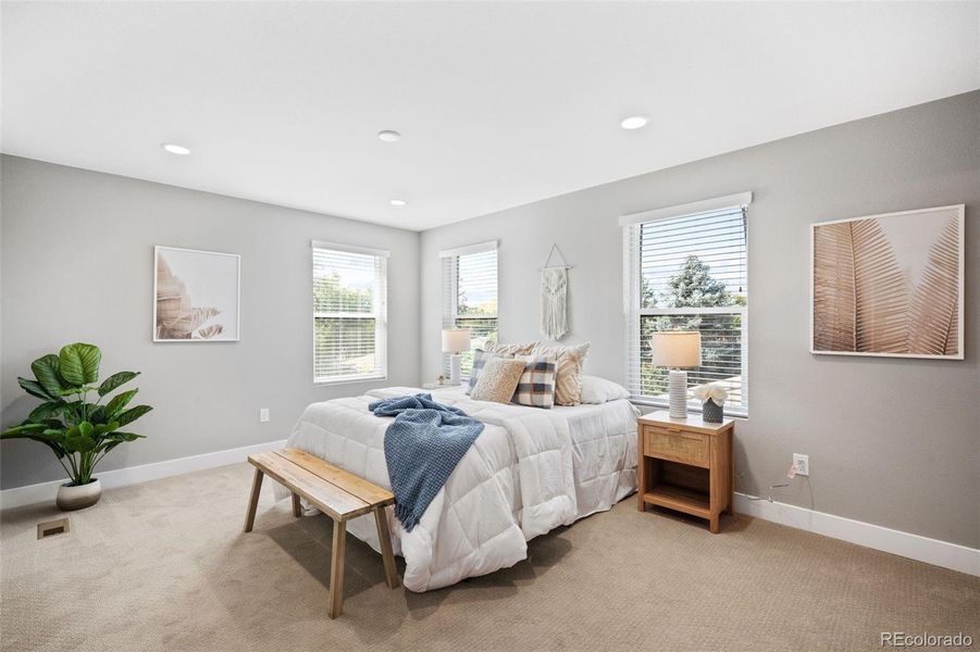 Primary bedroom is upstairs oasis for relaxation...and spacious.