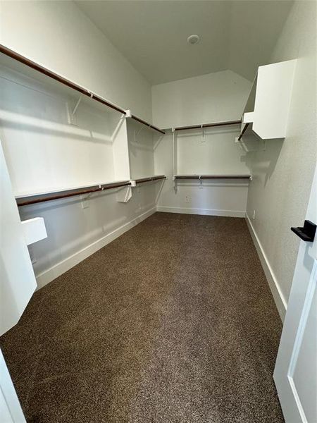 Walk in closet featuring vaulted ceiling and dark carpet