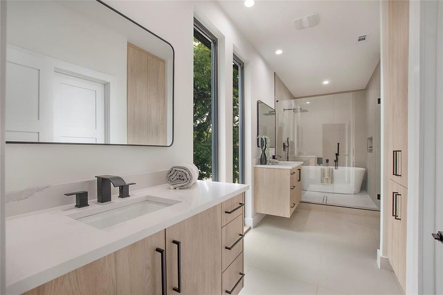 Bathroom with vanity and shower with separate bathtub