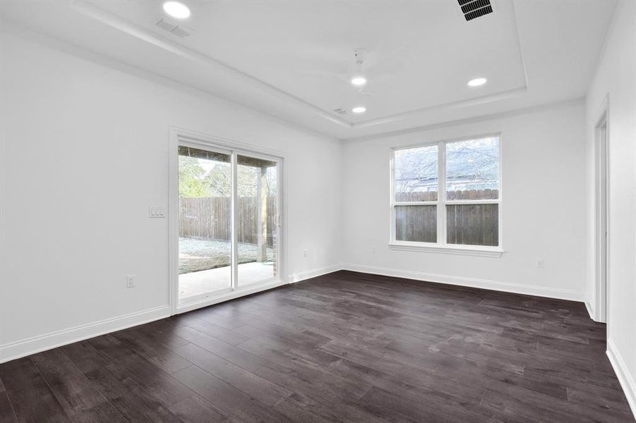 Unfurnished room featuring a tray ceiling, plenty of natural light, and dark hardwood / wood-style flooring