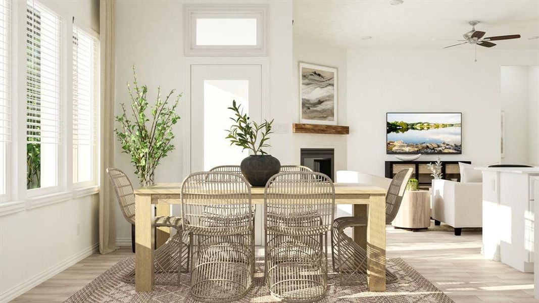 Dining area with light hardwood / wood-style floors, ceiling fan, and a wealth of natural light