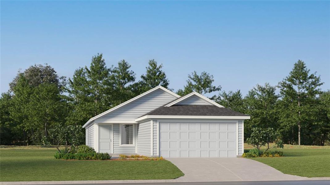 Ranch-style home with a garage and a front lawn