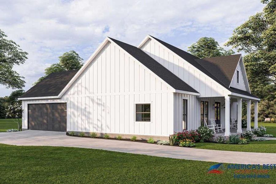Modern farmhouse style home with a garage, a porch, and a front lawn