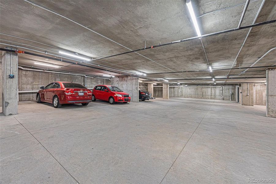 One of two separate garage entrance, this is the garage off Speer Blvd.  All two bedroom homes have opportunity to purchase a permanent parking space