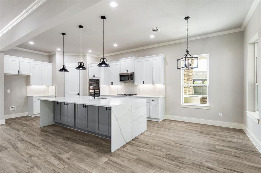 The gourmet Kitchen is the heart of the home with quartz countertops, waterfall island, breakfast bars, double ovens, soft-close cabinets, and stainless-steel appliances.