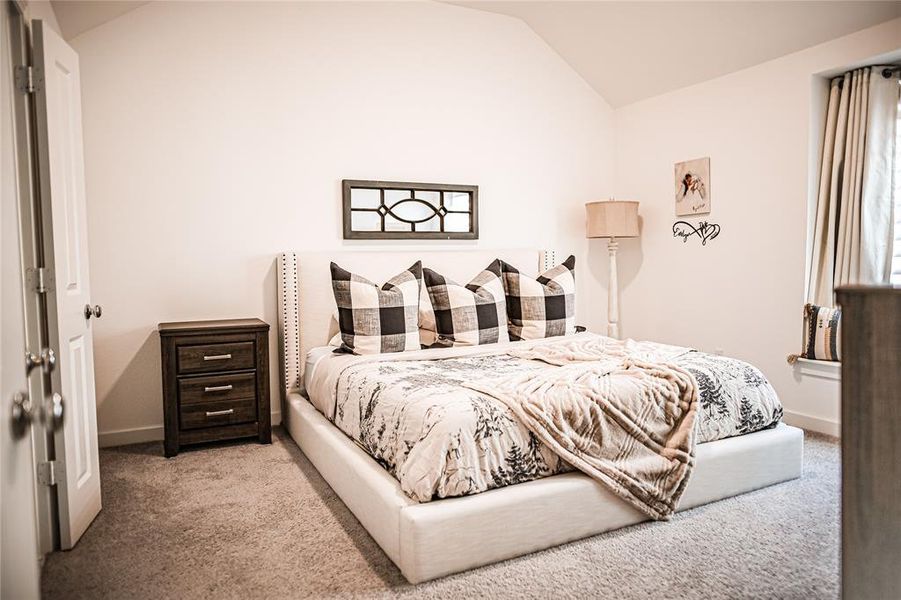 Carpeted bedroom featuring vaulted ceiling