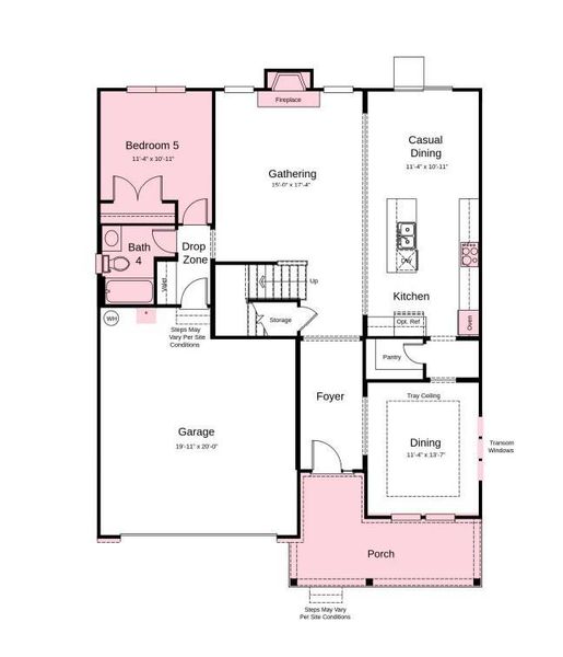 Structural options added include: first floor guest suite with full bath and walk in shower, tray ceiling at dining room, fireplace in gathering room, additional windows, tankless water heater, utility sink in garage.