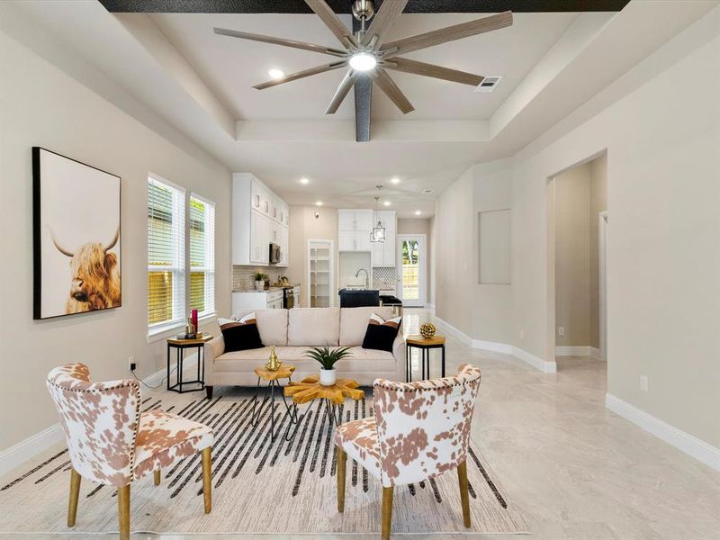 Living room featuring a raised ceiling and ceiling fan