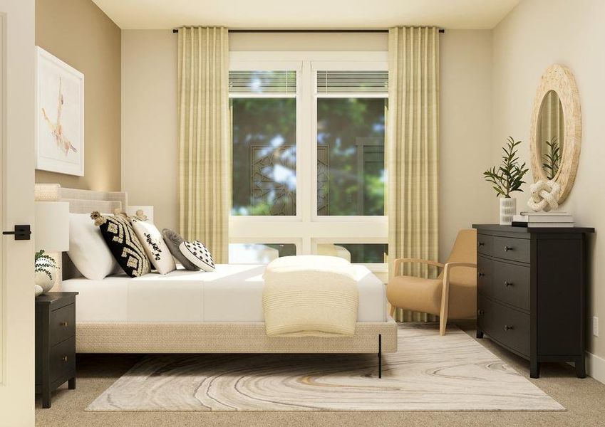 Rendering of a bedroom furnished with a
  large white bed and a dark dresser. This room also has a large window and and
  rug.Â