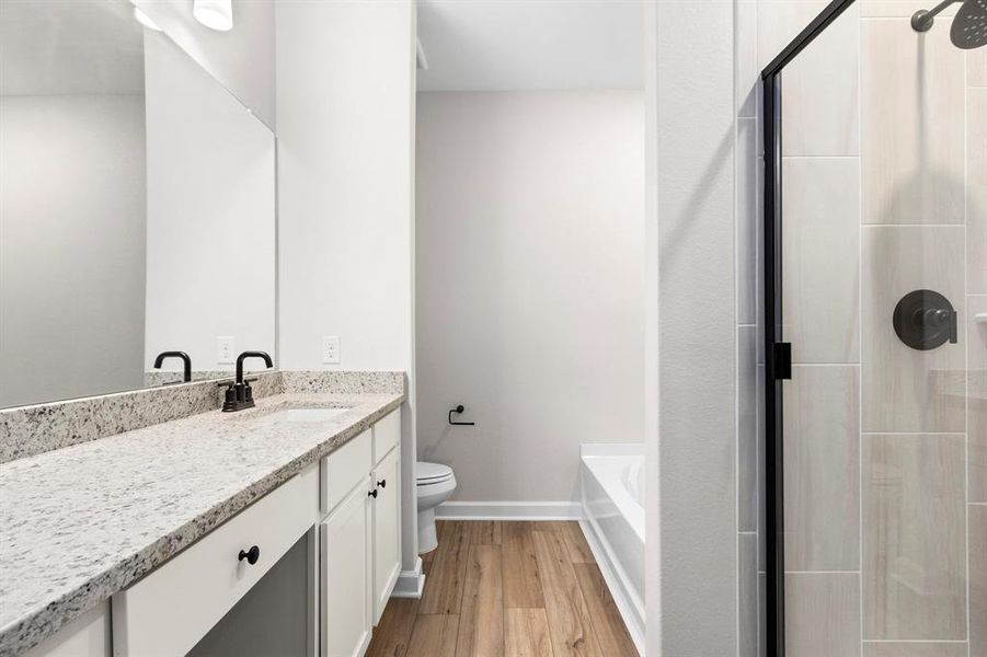 The primary bathroom has a luxurious soaking tub and a spacious standing shower.