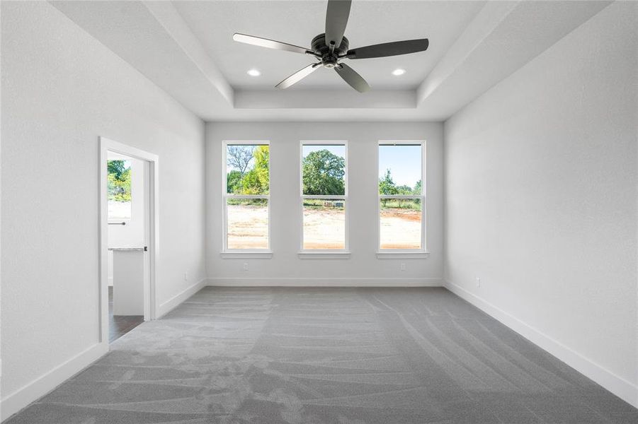 Peaceful master bedroom with trayed ceilings over =looking the backyard.