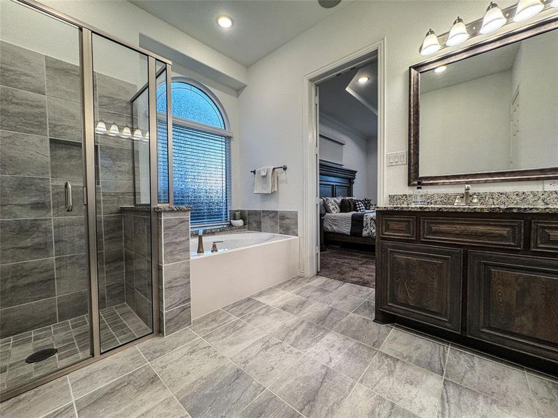 Bathroom with vanity and shower with separate bathtub