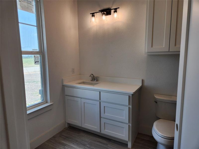 Bathroom #3 with vanity, toilet, and hardwood / wood-style floors