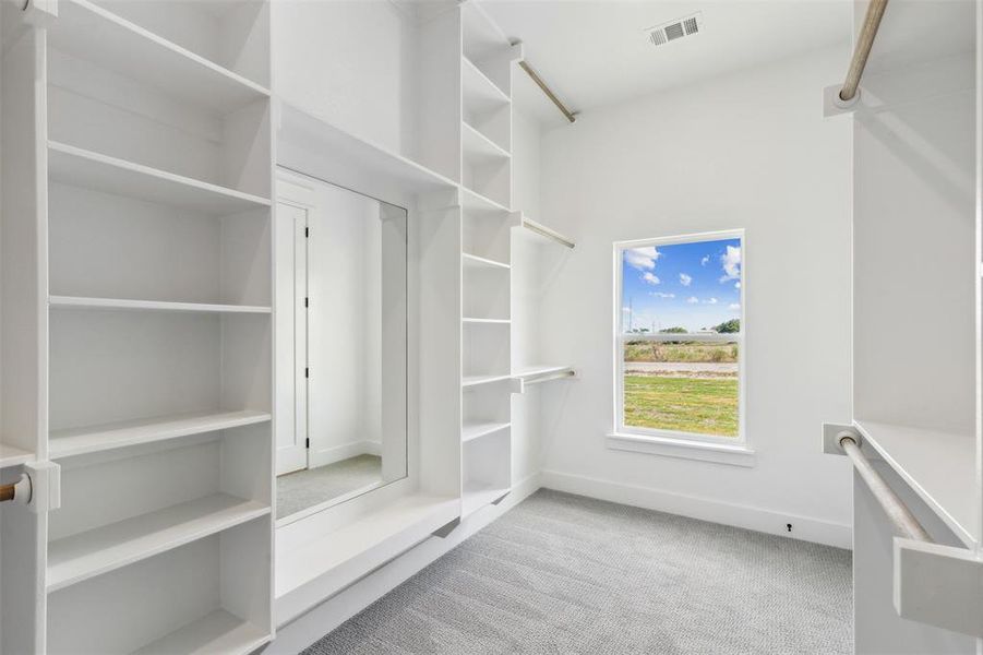 Walk in closet featuring light carpet