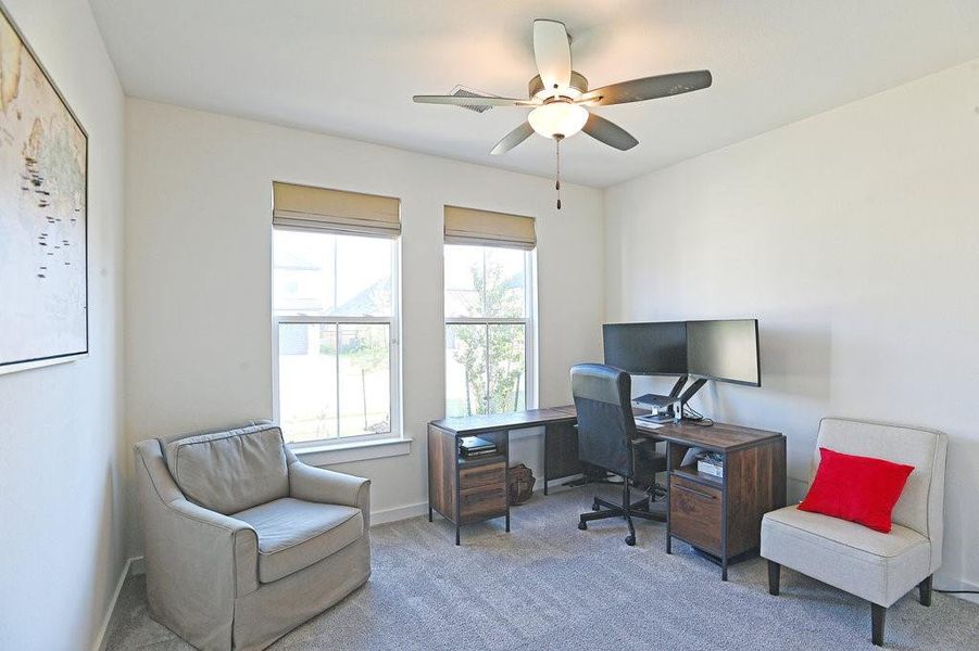 Office area featuring a wealth of natural light, carpet floors, and ceiling fan