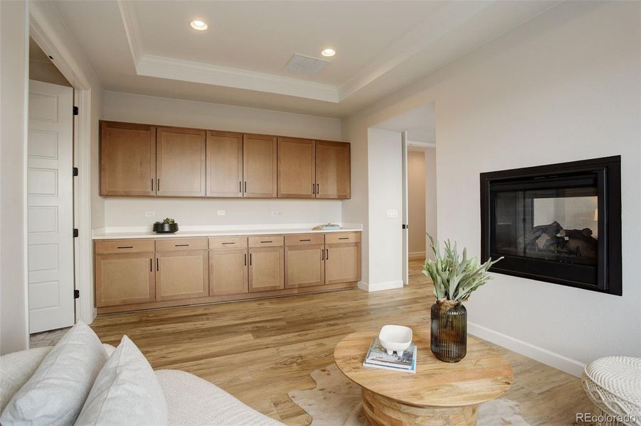 Sitting area, fireplace, cabinetry