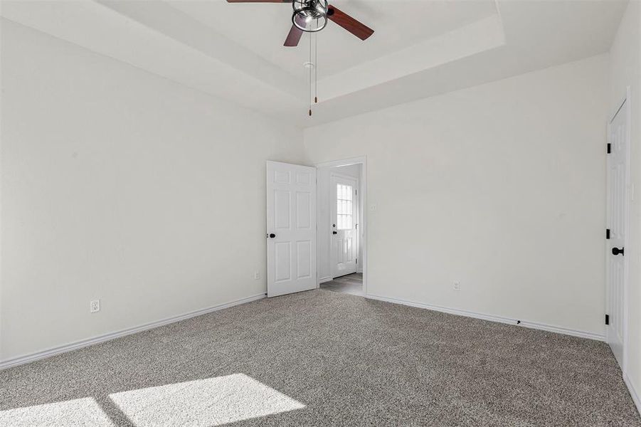 Unfurnished room featuring a raised ceiling, ceiling fan, and carpet flooring
