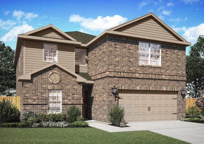 The two-story Driftwood plan with tan brick.