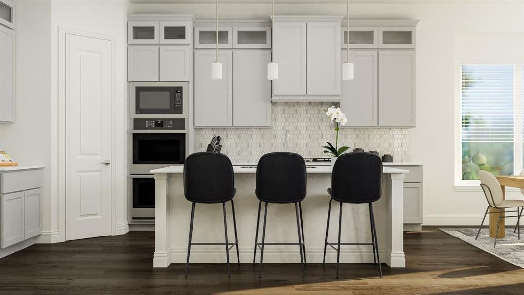 Kitchen with decorative light fixtures, dark hardwood / wood-style flooring, white cabinets, black microwave, and decorative backsplash